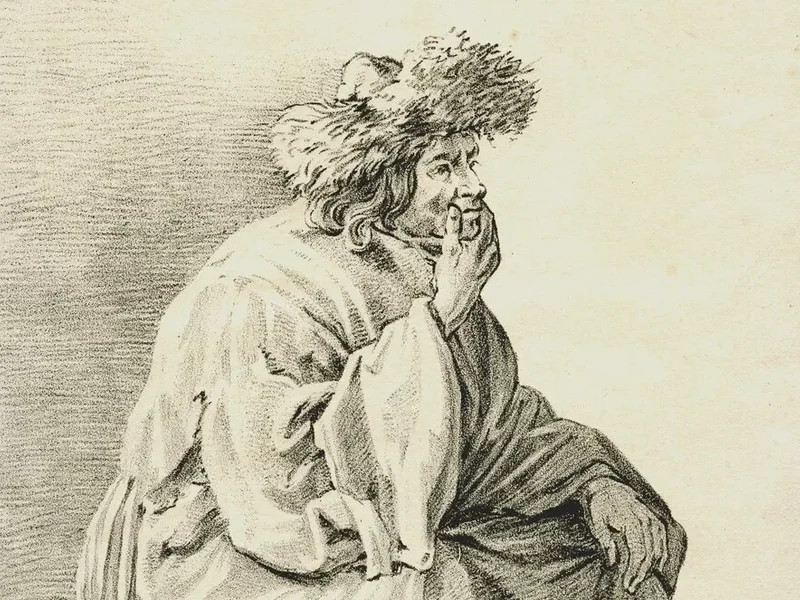 1775-Johannes Adriaansz. Bemme - Uomo seduto con un ampio mantello e un cappello di pelliccia